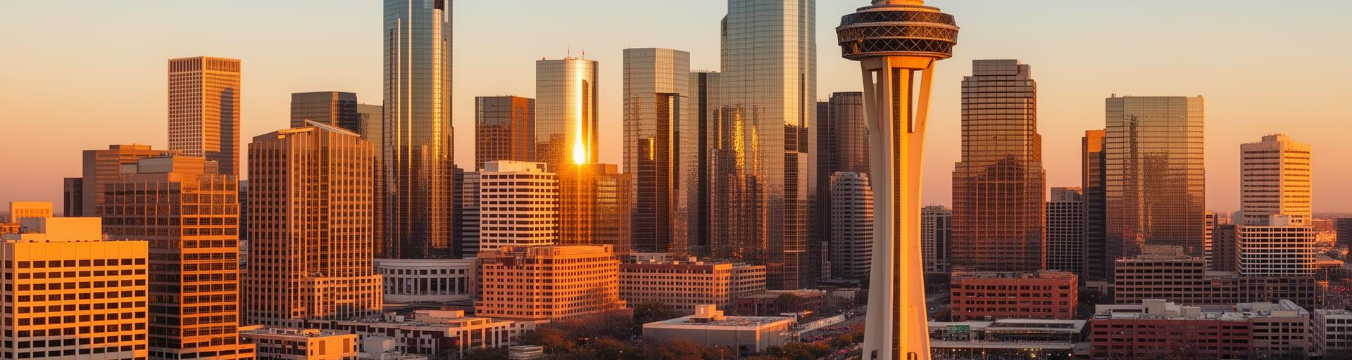 Downtown Dallas skyline at golden hour